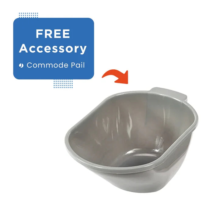Gray commode pail with a free accessory label on a white background