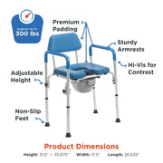 Blue commode chair with features highlighted on a white background