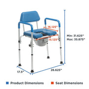 Blue commode chair with dimensions labeled on a white background