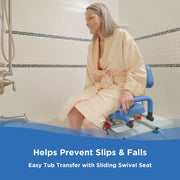 Woman using a sliding swivel seat in a bathtub to prevent slips and falls.