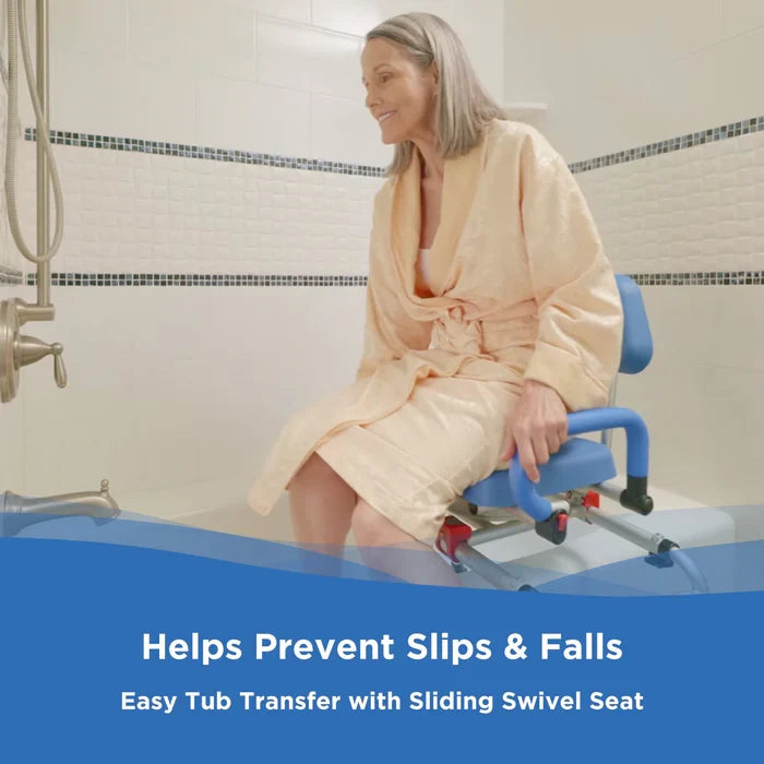Woman using a sliding swivel seat in a bathtub to prevent slips and falls.