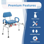 Blue and silver transfer bench with features listed on a blue and white background