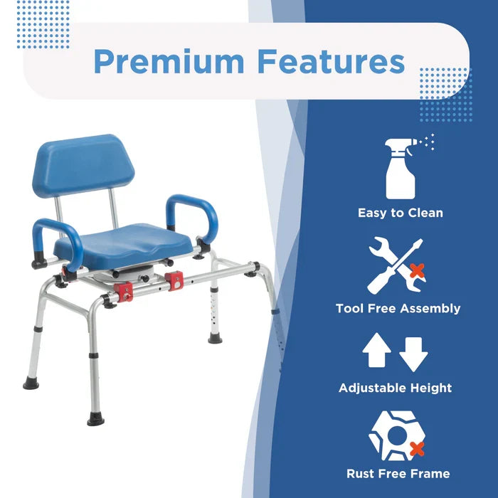 Blue and silver transfer bench with features listed on a blue and white background
