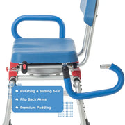 Blue and red adjustable chair with features highlighted on a white background