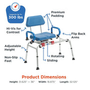 Blue shower chair with features labeled on a white background