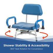 Blue shower seat with 360-degree rotation feature on a white background