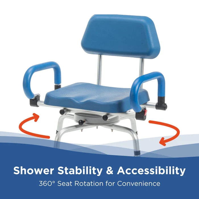 Blue shower seat with 360-degree rotation feature on a white background