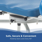 Blue office chair with text 'Safe, Secure & Convenient' on a white background