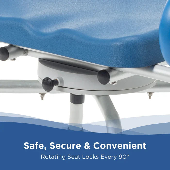 Blue office chair with text 'Safe, Secure & Convenient' on a white background