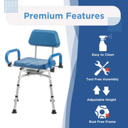 Blue shower chair with features listed on a blue and white background