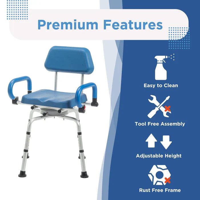 Blue shower chair with features listed on a blue and white background