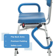 Blue shower chair with flip back arms, premium padding, and safety lock on a white background