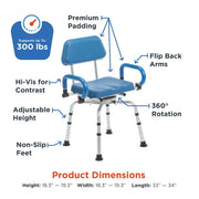 Blue shower chair with features labeled on a white background