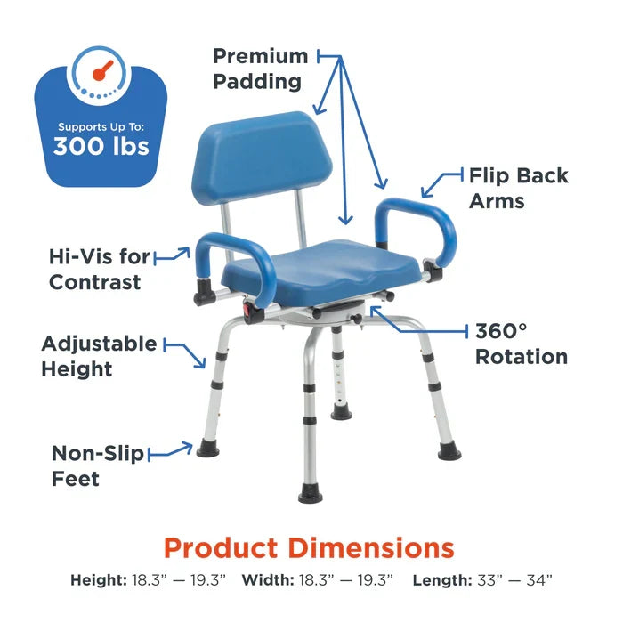 Blue shower chair with features labeled on a white background