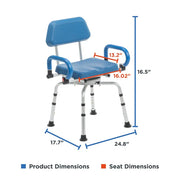 Blue shower chair with dimensions labeled on a white background