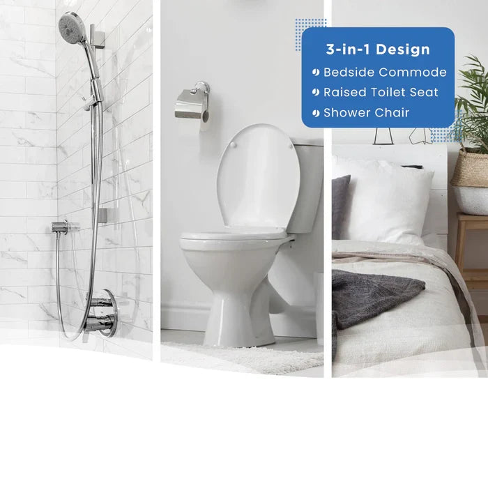 Bathroom setup with a 3-in-1 design including a bedside commode, raised toilet seat, and shower chair.