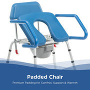 Blue padded commode chair with text on a white background