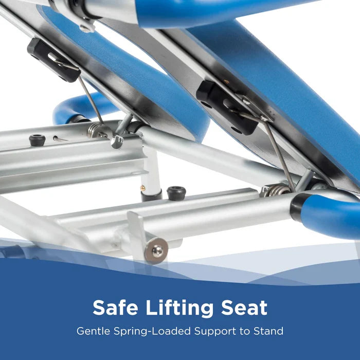 Safe lifting seat with blue and silver design on a white background