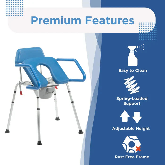 Blue medical chair with features listed on a blue and white background