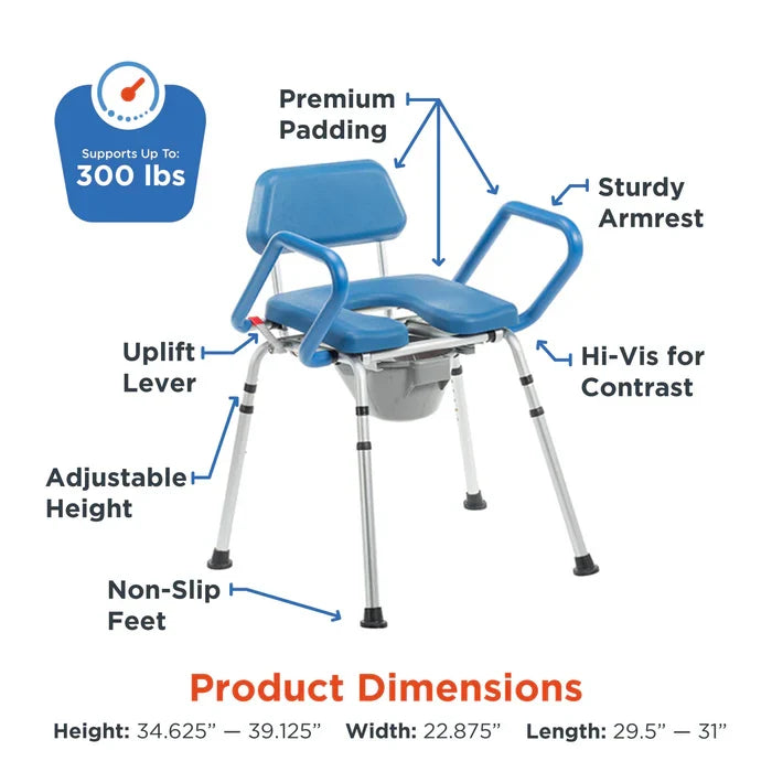 Blue transfer chair with features labeled on a white background