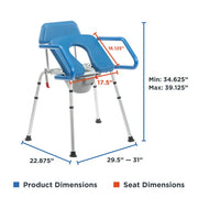 Blue medical examination chair with dimensions labeled on a white background