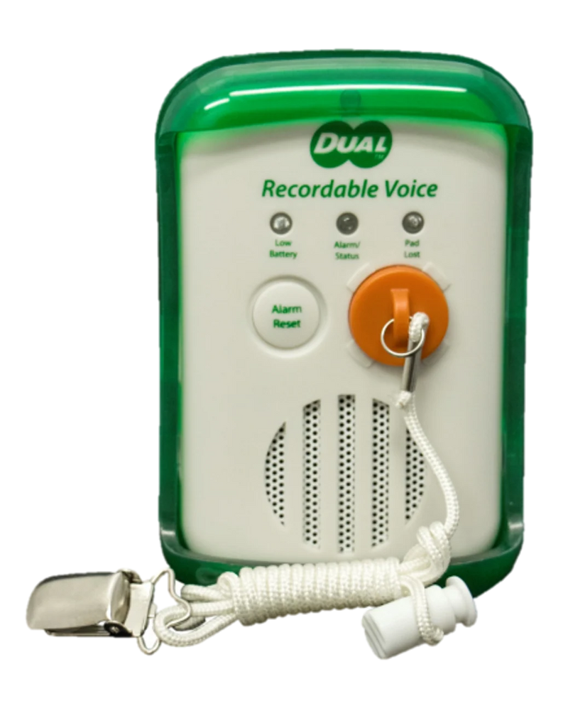 Dual recordable voice device with green casing and microphone on a white background