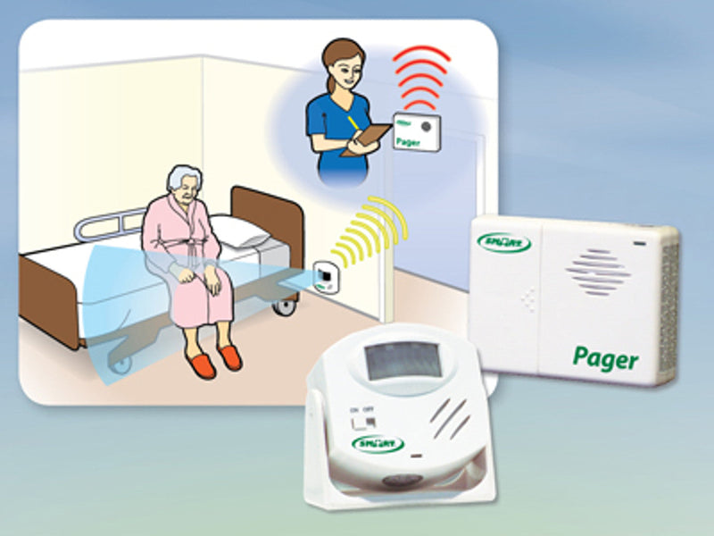 Intrusion alarm system with pager and illustration of a patient in bed and nurse.