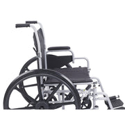 Wheelchair with black seat and gray frame on a white background