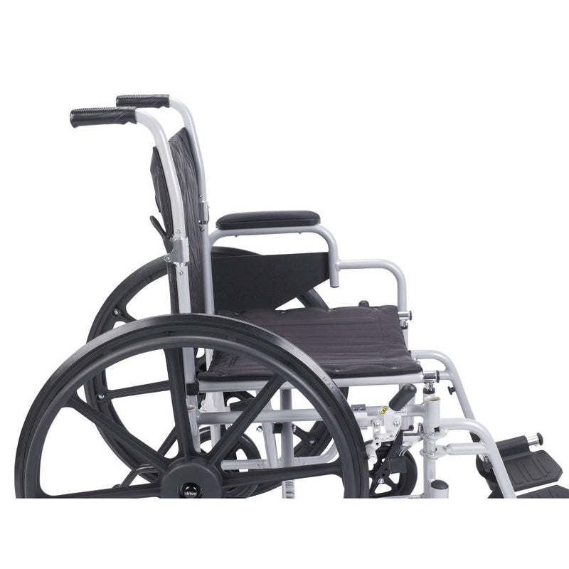 Wheelchair with black seat and gray frame on a white background