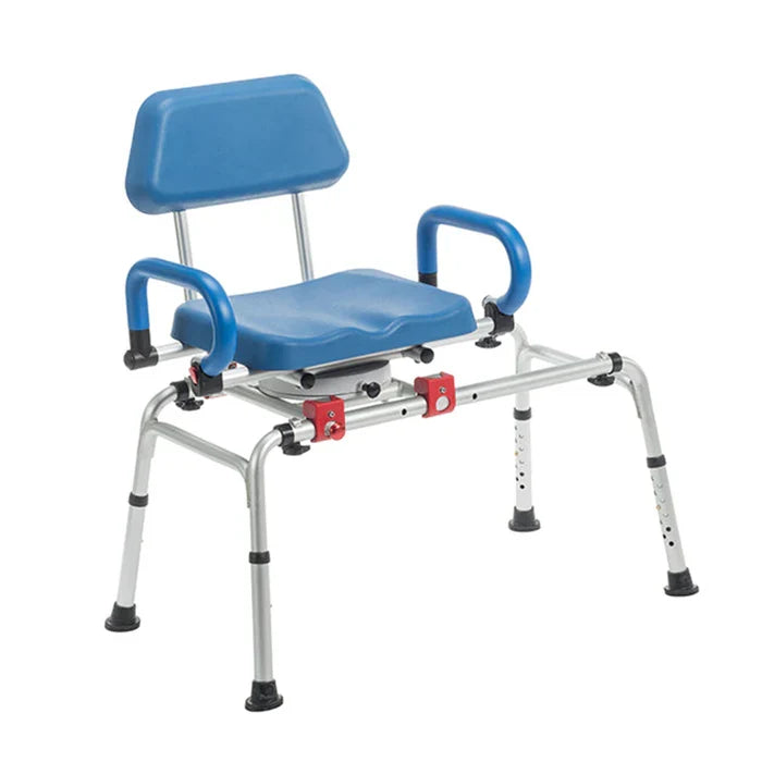 Blue bathroom transfer bench with backrest and armrests on a white background