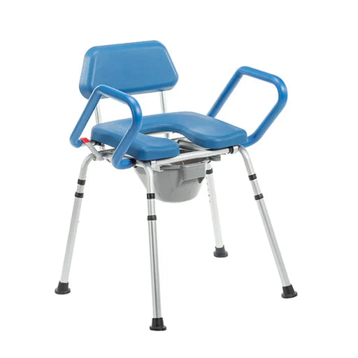 Blue commode chair with metal legs on a white background