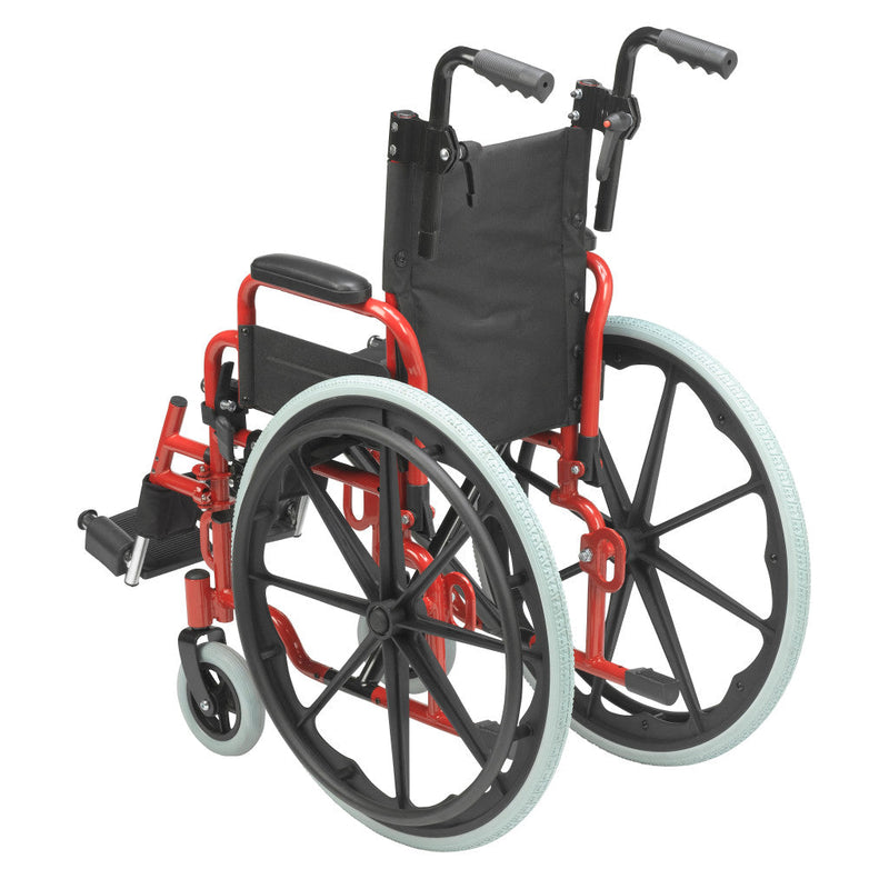 Wheelchair with red frame and black seat on a white background