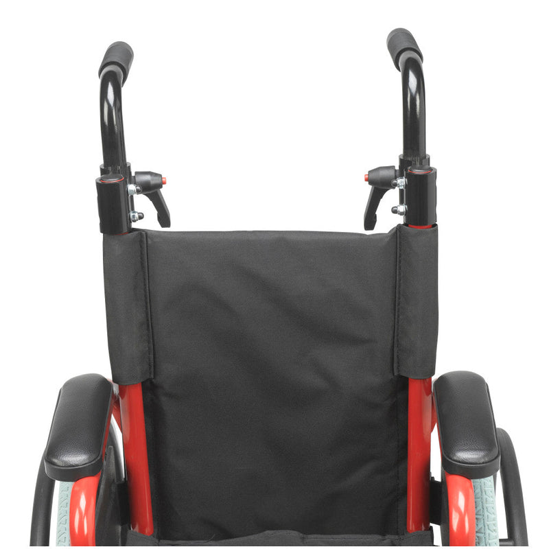 Close-up of a wheelchair with a black cover on a white background