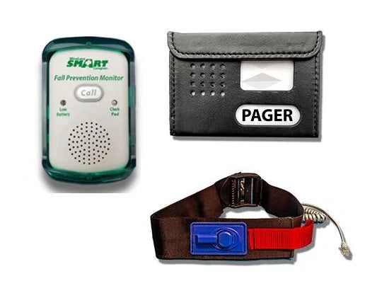 Fall prevention monitor, pager, and wristband on a white background Smart Caregiver WESB90V-SYS