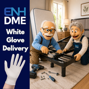 Two animated characters working on a bed frame with EnhDme branding and text about white glove delivery.