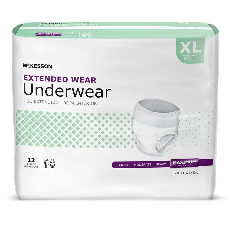 Box of McKesson Extended Wear Underwear with size XL on a white background