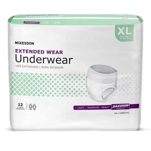 Box of McKesson Extended Wear Underwear with size XL on a white background