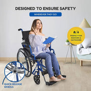 Woman using a wheelchair indoors with safety features highlighted