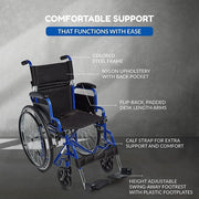 Wheelchair with labeled features on a gray background