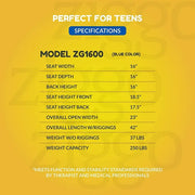 Specifications of a product model ZG1600 on a yellow background