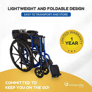 Blue wheelchair with text highlighting lightweight, foldable design, ease of transport and storage, and a one-year warranty.