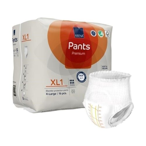 Pack of Abena Pants Premium XL1 with a single diaper displayed on a white background