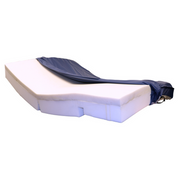 A white contoured foam mattress topper with a navy blue fitted cover, shown on a plain white background.