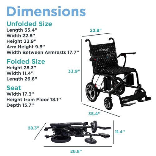 Wheelchair dimensions chart with unfolded and folded sizes on a white background