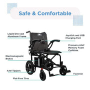 Electric wheelchair with features highlighted on a white background