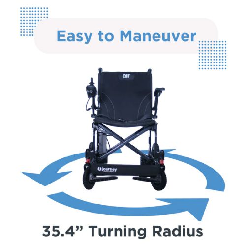 Black electric wheelchair with blue arrows indicating maneuverability on a white background