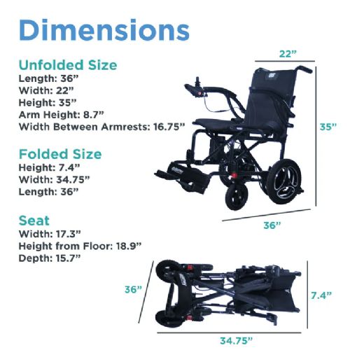 Wheelchair dimensions chart with unfolded and folded sizes displayed.