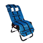 Blue folding chair with black straps on a white background
