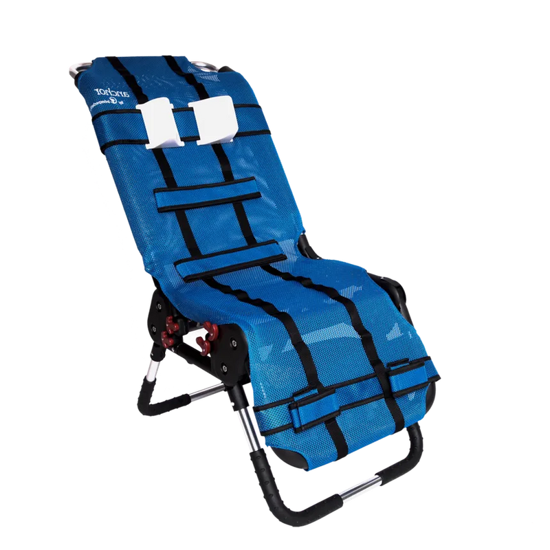Blue folding chair with black straps on a white background