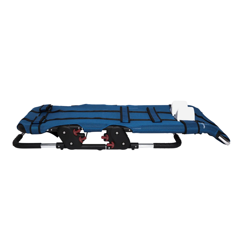 Blue and black folding stretcher on a white background